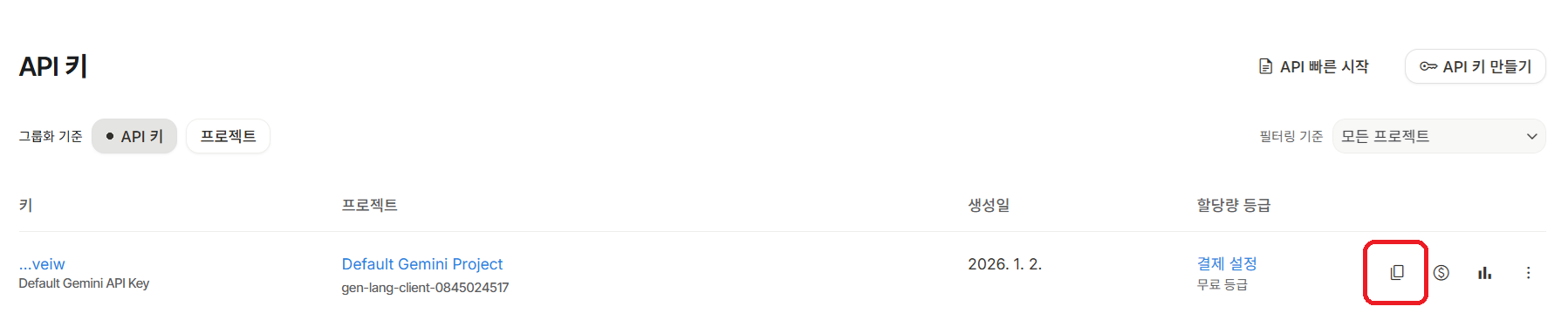 구글 API 키 발급 화면